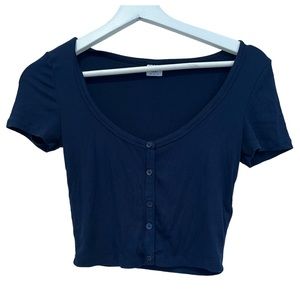 Sunday Best Holly Top Cropped Button Up Navy Blue T-Shirt Size XS